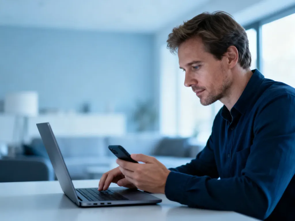 Mężczyzna przy biurku korzystający z laptopa i smartfona w nowoczesnym biurze domowym, symbolizujący bezpieczne bankowanie online.