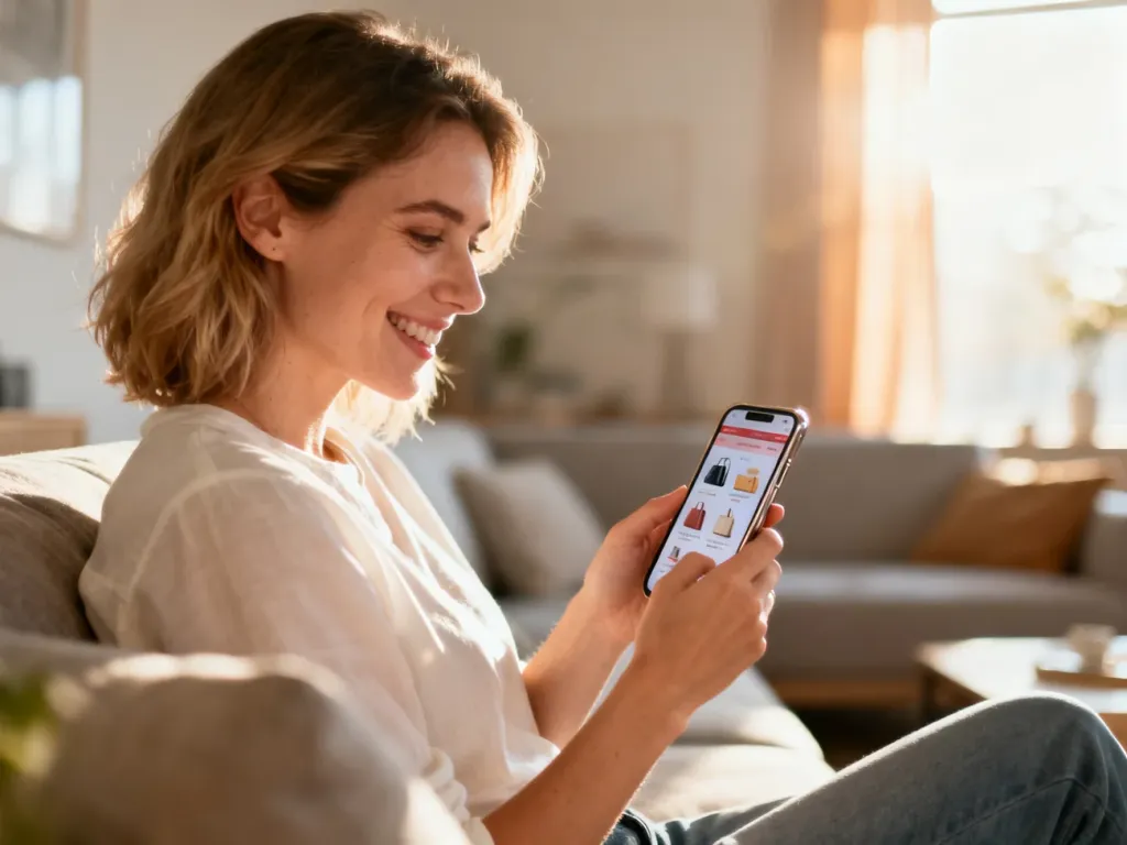 Kobieta wygodnie siedząca na kanapie i przeglądająca ofertę sklepu internetowego na smartfonie w przytulnym salonie.