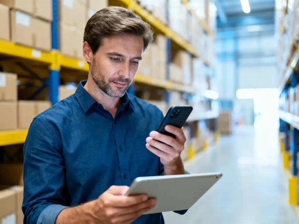Pracownik centrum logistycznego korzystający z urządzeń mobilnych w nowoczesnym magazynie DHL.