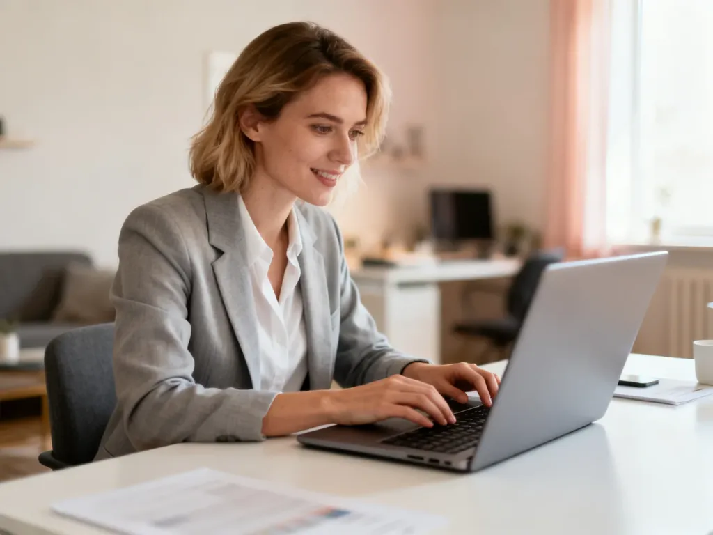Konsultantka Avon pracująca przy laptopie w nowoczesnym biurze domowym, zarządzająca sprzedażą online.