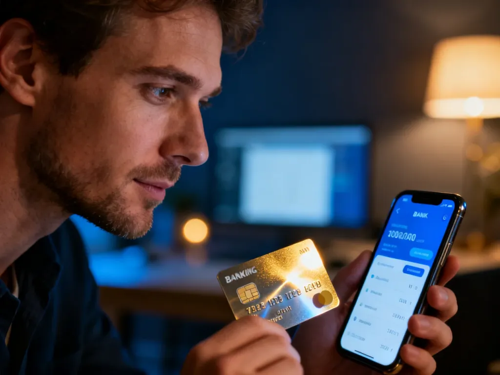 Mężczyzna korzystający z bankowości mobilnej na smartfonie, obok leży karta płatnicza w nowoczesnym biurze.