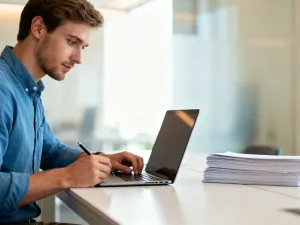 Programista skupiony na pracy przy kodzie na komputerze w nowoczesnym, jasnym biurze.