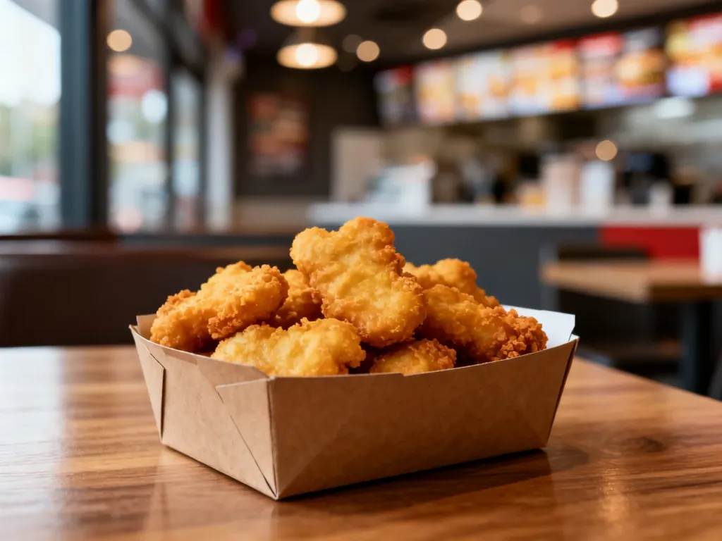 Złociste nuggetsy z kurczaka w kartonowym pudełku na drewnianym stole w restauracji McDonald's.