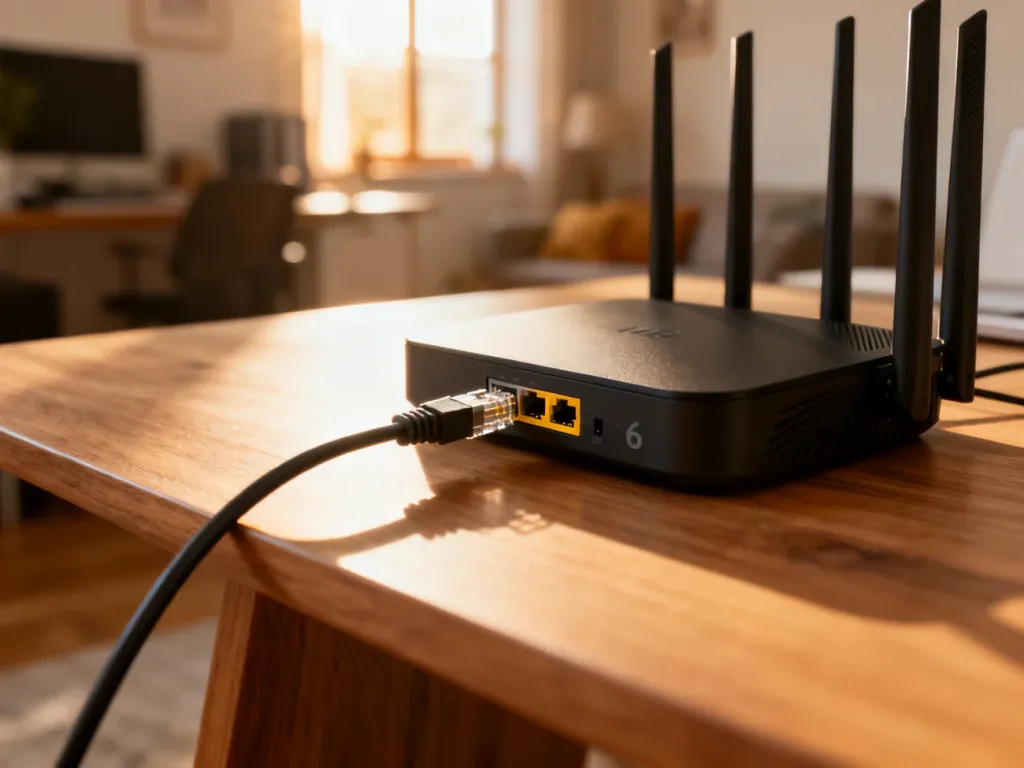 Kabel Ethernet wpinany do portu routera Wi-Fi 6 na drewnianym biurku, ilustrujący proces podłączania urządzenia.