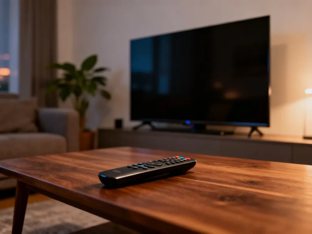 Nowoczesny telewizor Smart TV zamontowany na ścianie w przytulnym salonie, stanowiący centralny punkt domowej rozrywki.