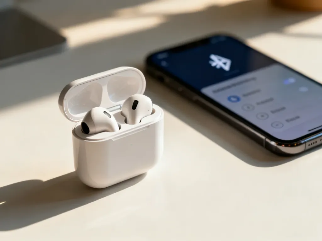 Otwarte etui z bezprzewodowymi słuchawkami Redmi Buds 6 Play na biurku, obok smartfona z widocznym menu ustawień Bluetooth.