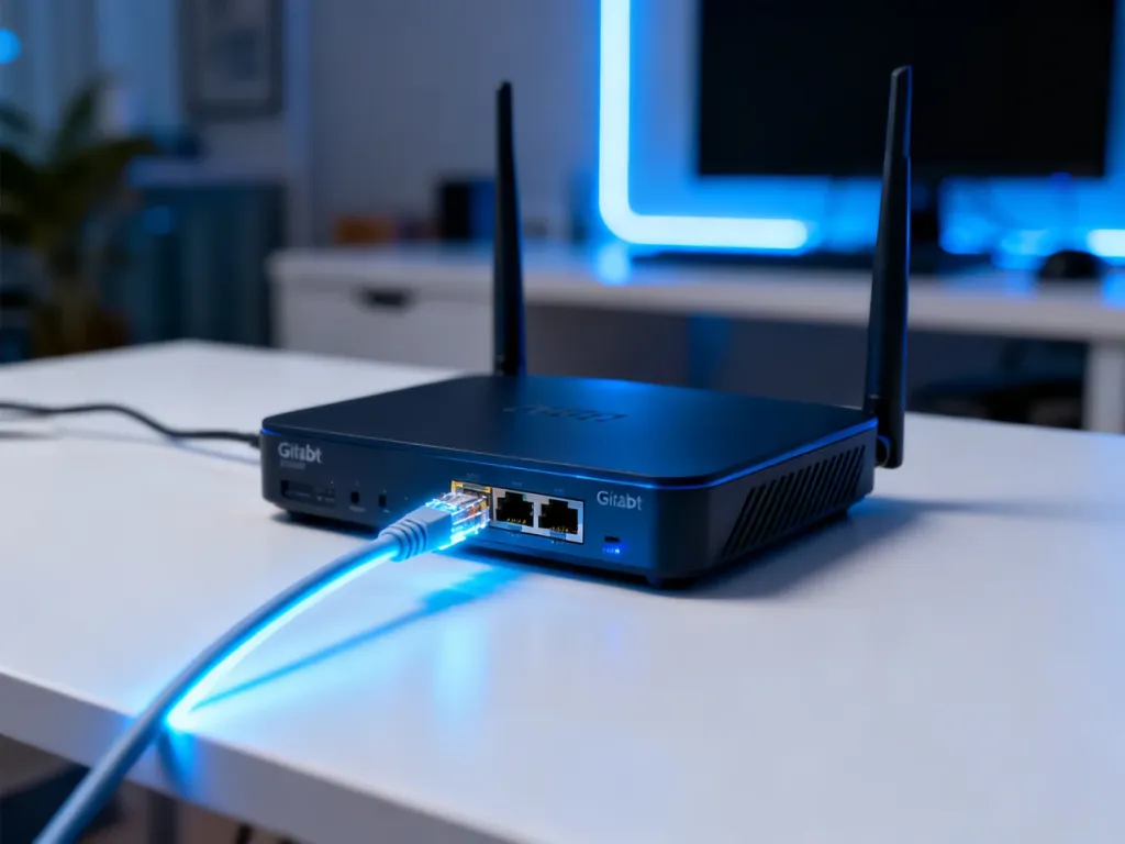 Nowoczesny router gigabitowy na biurku z podłączonym kablem Ethernet, symbolizujący szybki transfer danych w domowym biurze.
