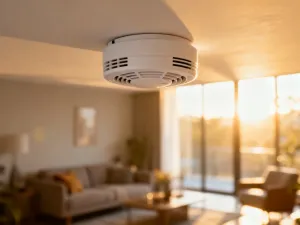 Nowoczesny hub smart home na drewnianym biurku w otoczeniu nastrojowego oświetlenia LED, gotowy do konfiguracji automatyzacji.