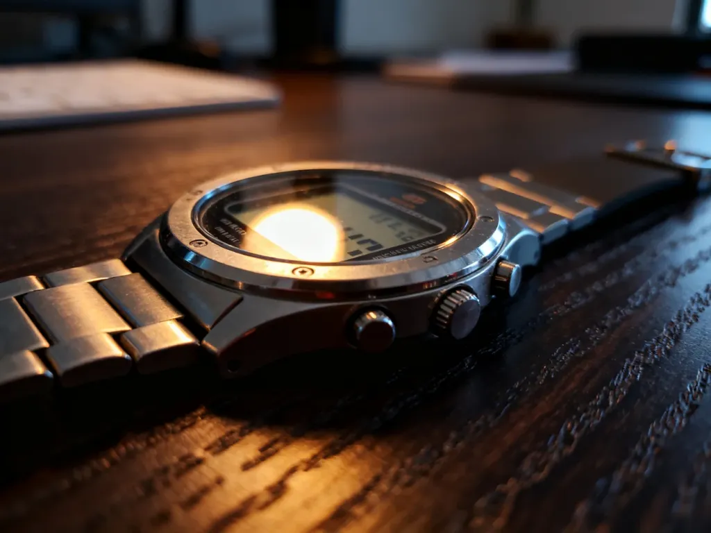 Klasyczny zegarek cyfrowy Casio z metalicznym wykończeniem spoczywający na drewnianym biurku.