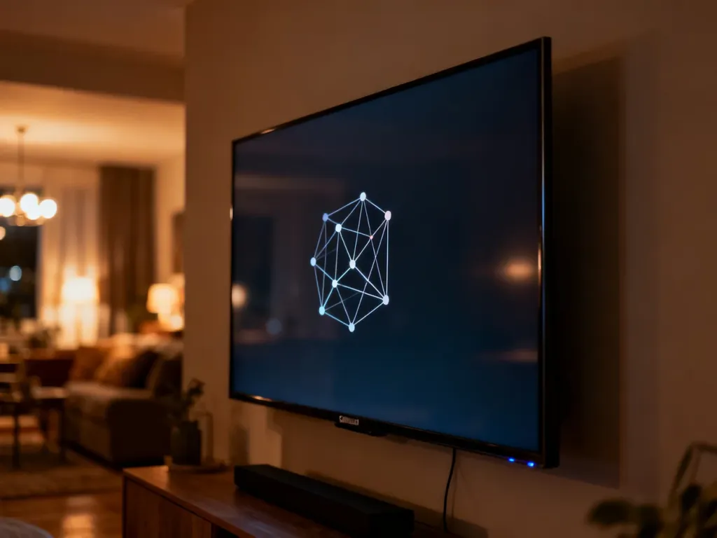 Nowoczesny telewizor Samsung zamontowany na ścianie w przytulnym salonie, wyświetlający grafikę symbolizującą łączność sieciową.