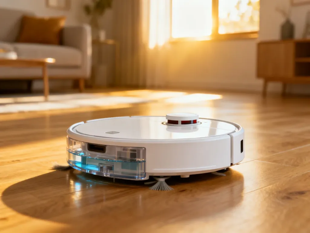 Nowoczesny robot sprzątający z funkcją mopowania na drewnianej podłodze w jasnym, minimalistycznym salonie.