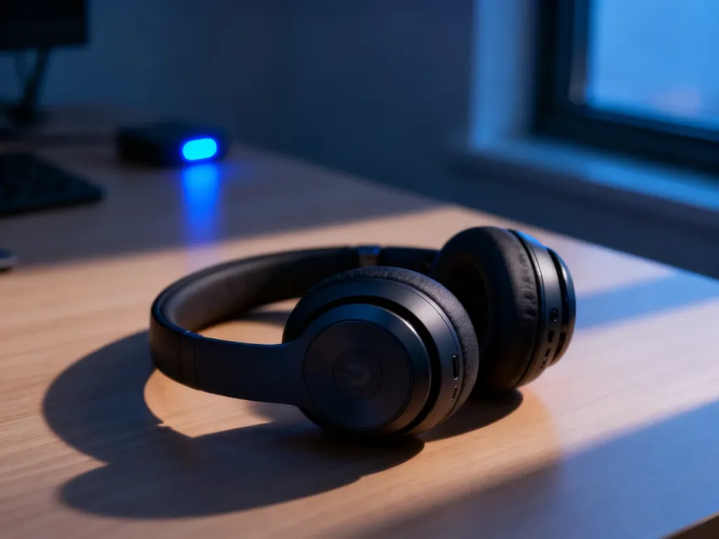 Bezprzewodowe słuchawki na drewnianym biurku z widoczną niebieską diodą sygnalizującą próbę połączenia Bluetooth.