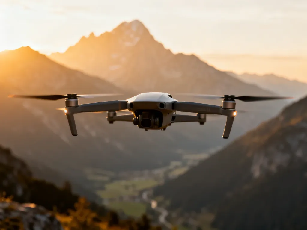 Nowoczesny dron unoszący się w powietrzu na tle malowniczego górskiego krajobrazu o zachodzie słońca.