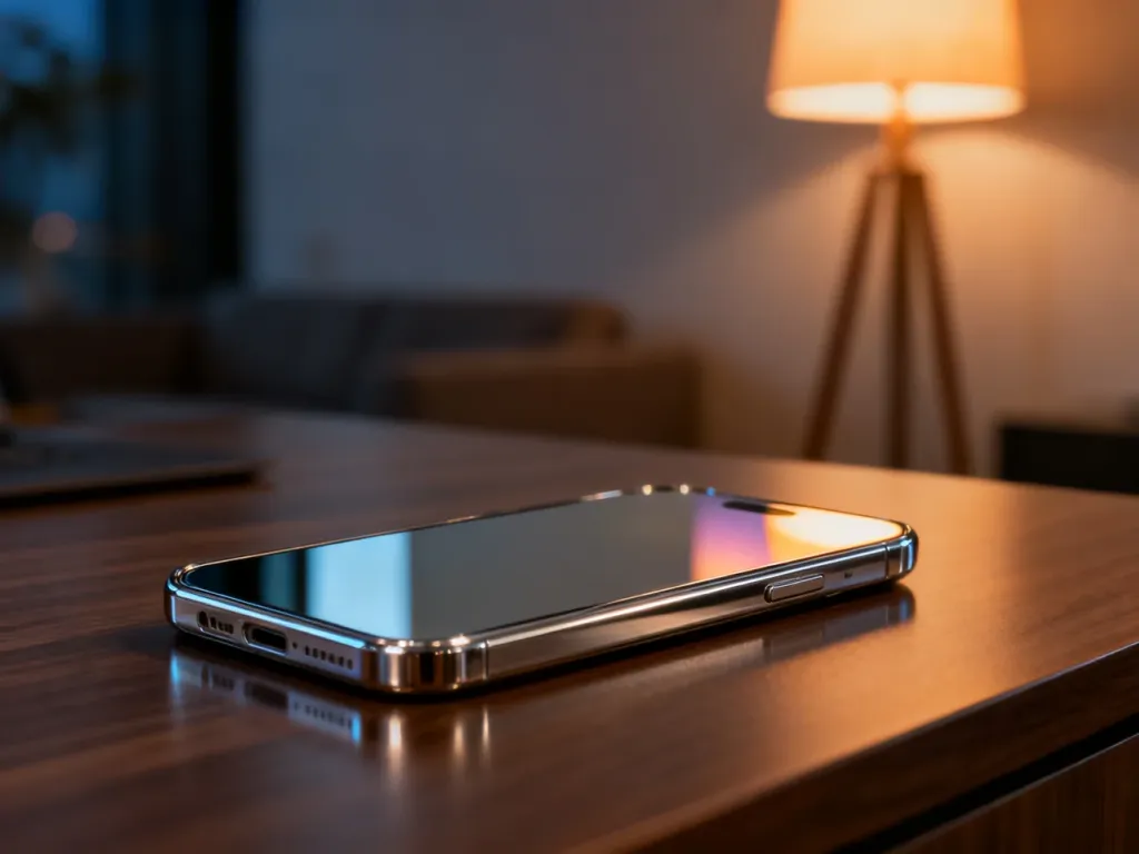 Smartfon z lustrzanym etui typu magic mirror leżący na drewnianym biurku w przytulnym, wieczornym wnętrzu.