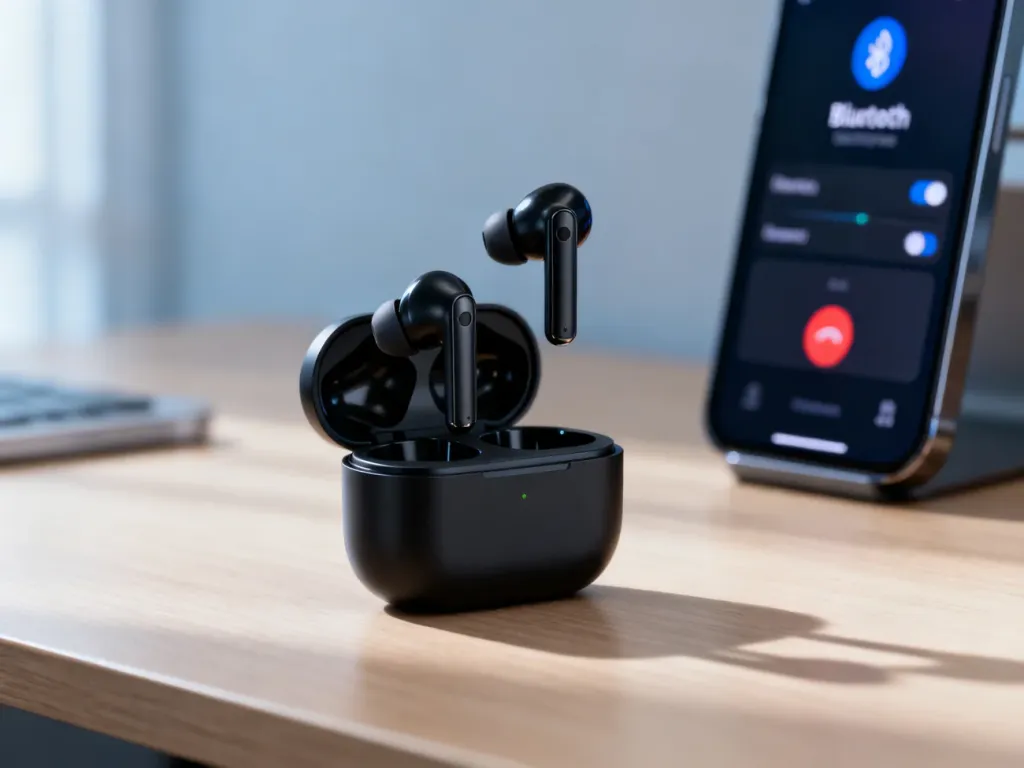 Czarne słuchawki JBL Wave 100 TWS w etui ładującym na drewnianym biurku, obok smartfona z widocznym menu parowania Bluetooth.