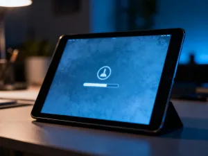 Nowoczesny laptop Dell na minimalistycznym drewnianym biurku w domowym biurze, oświetlony porannym światłem słonecznym.