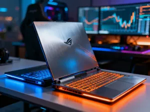 Nowoczesne studio telewizji muzycznej z neonowym oświetleniem i efektami wizualnymi nawiązującymi do dźwięku.
