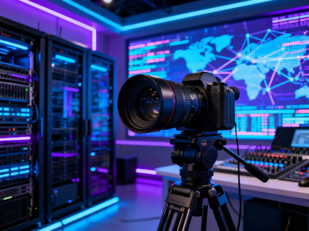 Nowoczesne studio transmisyjne z profesjonalną kamerą i podświetlanymi serwerami, gotowe do obsługi transmisji online.