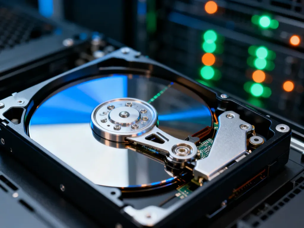 Wnętrze dysku twardego HGST z widocznymi talerzami i precyzyjnymi komponentami mechanicznymi w profesjonalnym oświetleniu.