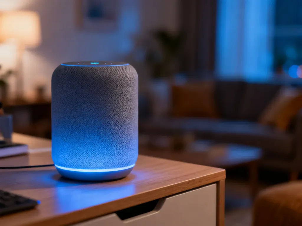 Nowoczesny inteligentny głośnik Google Home z podświetleniem na drewnianym biurku w przytulnym salonie.