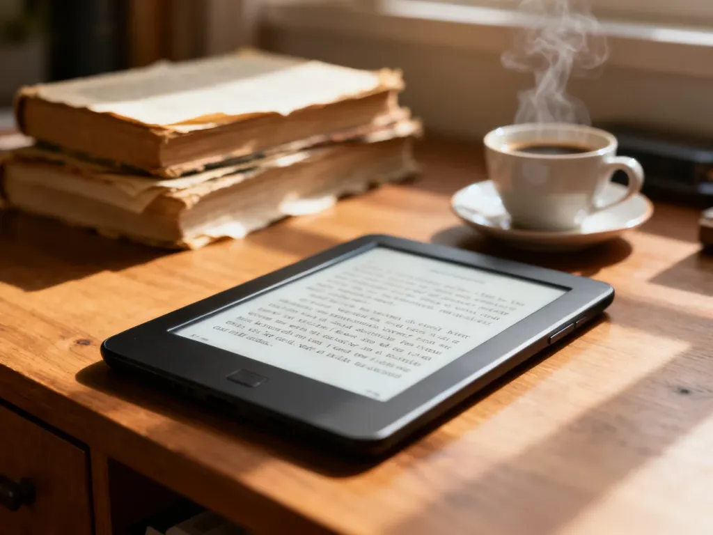 Nowoczesny czytnik e-booków na drewnianym biurku w otoczeniu książek i kawy, idealny do relaksu przy lekturze.
