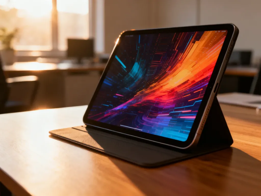 Nowoczesny tablet z 7-calowym ekranem na drewnianym biurku, prezentujący wysoką jakość wyświetlanego obrazu.