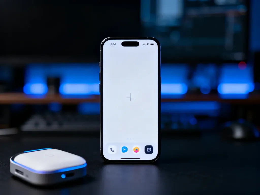 Minimalistyczny smartfon z przejrzystym interfejsem systemu Android na tle nowoczesnego, profesjonalnego biura.