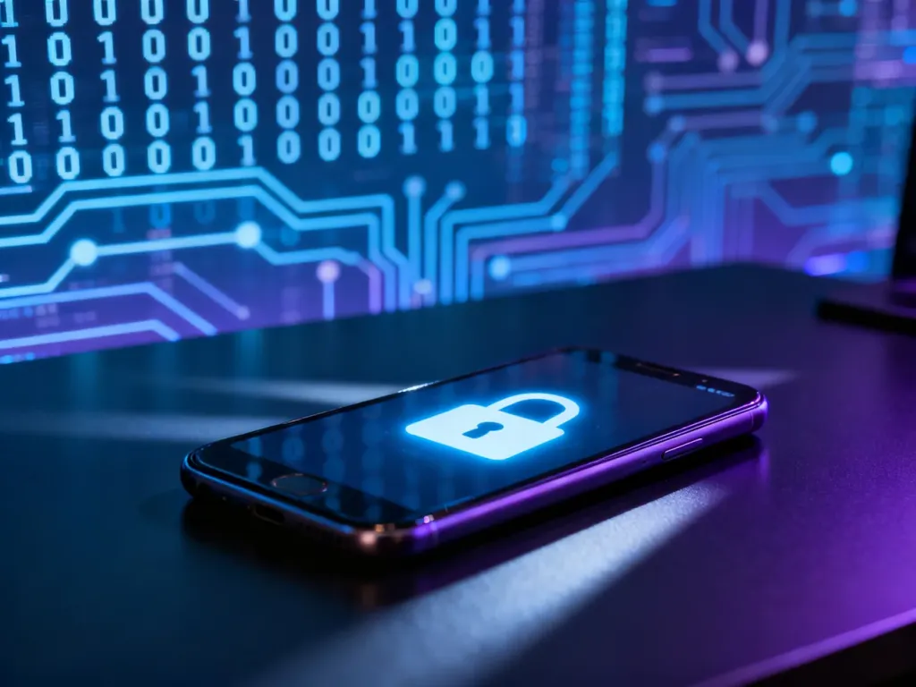 Smartfon z ikoną kłódki na ekranie na tle cyfrowego kodu, symbolizujący bezpieczeństwo i ochronę prywatności w telefonie.