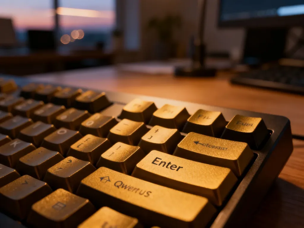 Zbliżenie na nowoczesną klawiaturę mechaniczną z układem QWERTY US na tle przytulnego domowego biura.