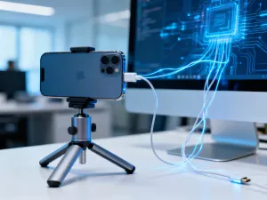 Bezprzewodowy głośnik Sony SRS-XB30 na drewnianym biurku obok smartfona z otwartymi ustawieniami Bluetooth.