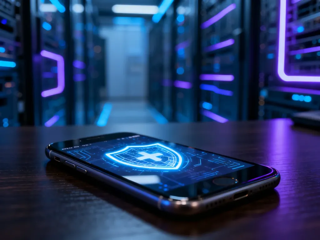 Smartfon z ikoną cyfrowej tarczy na ekranie, symbolizujący ochronę urządzenia przed cyberatakami.