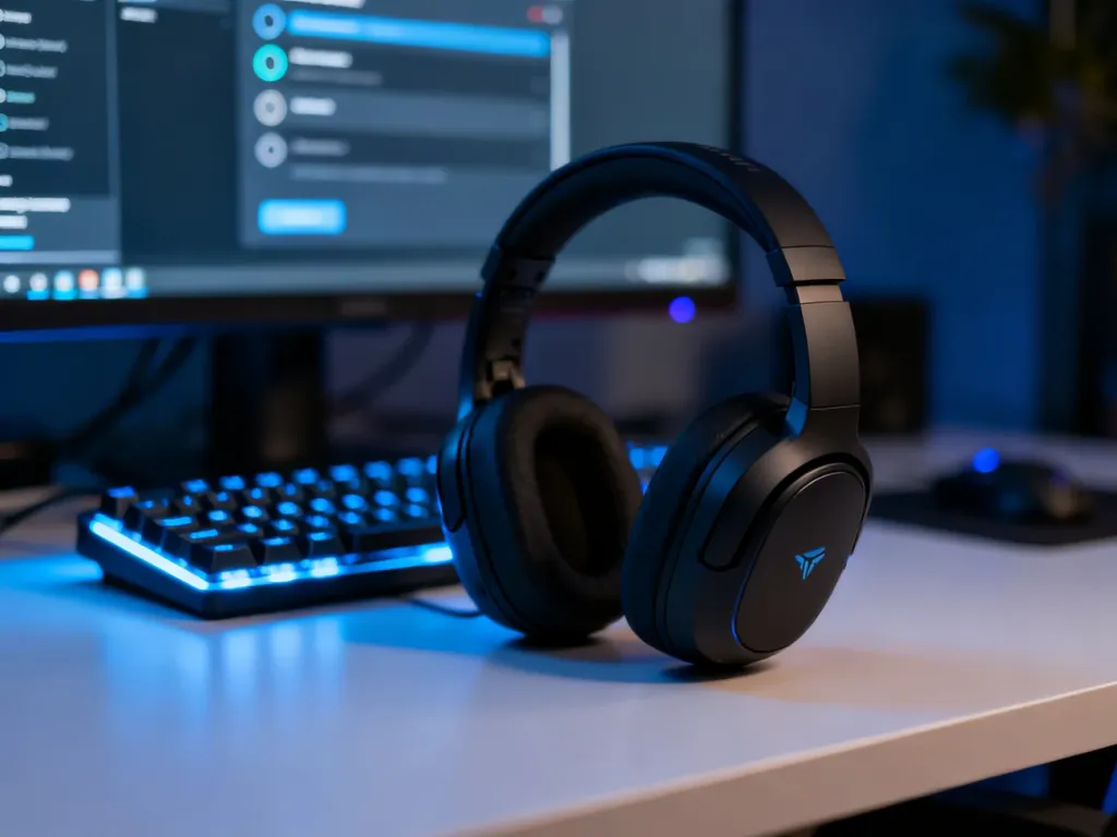 Bezprzewodowy zestaw słuchawkowy Logitech G435 spoczywający na minimalistycznym biurku w wieczornym oświetleniu.