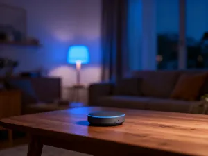 Nowoczesny robot sprzątający z funkcją mopowania na drewnianej podłodze w jasnym, minimalistycznym salonie.