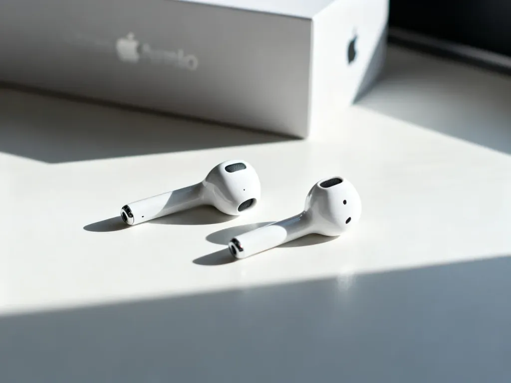 Białe słuchawki bezprzewodowe na minimalistycznym biurku obok oryginalnego opakowania Apple.