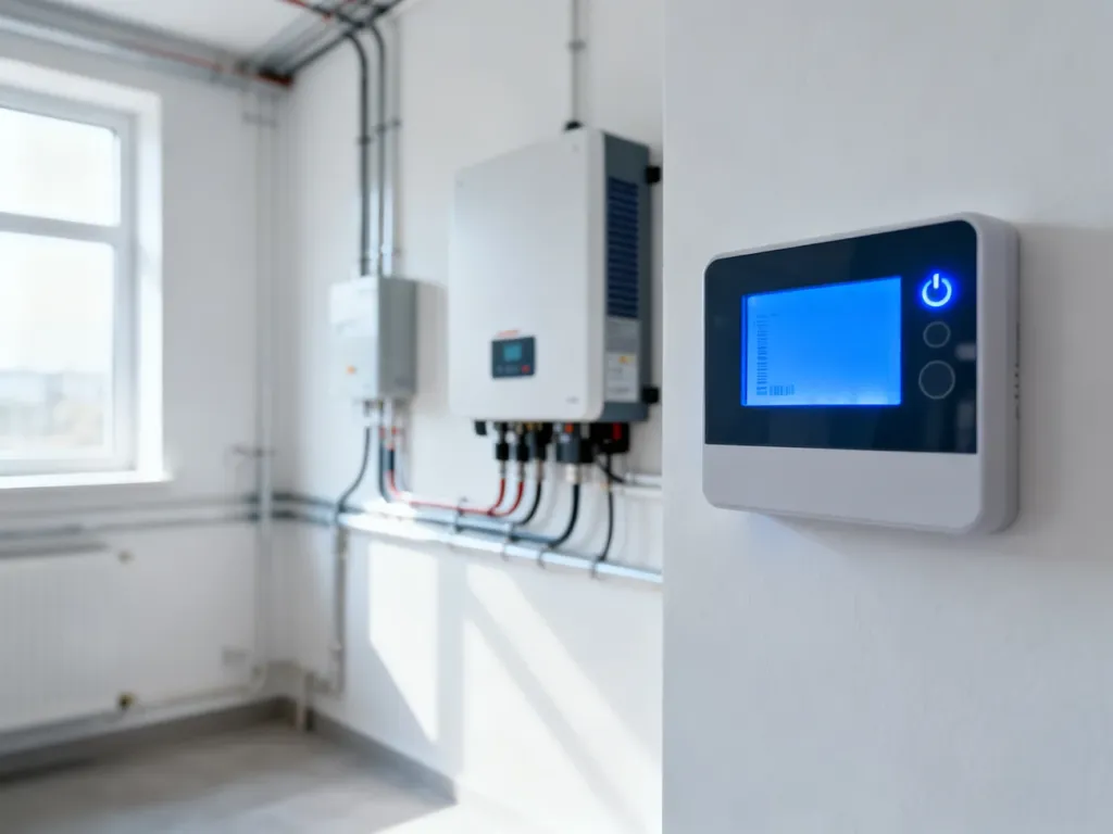 Falownik solarny z podświetlanym na niebiesko wyświetlaczem LED, wskazującym status połączenia z siecią Wi-Fi.