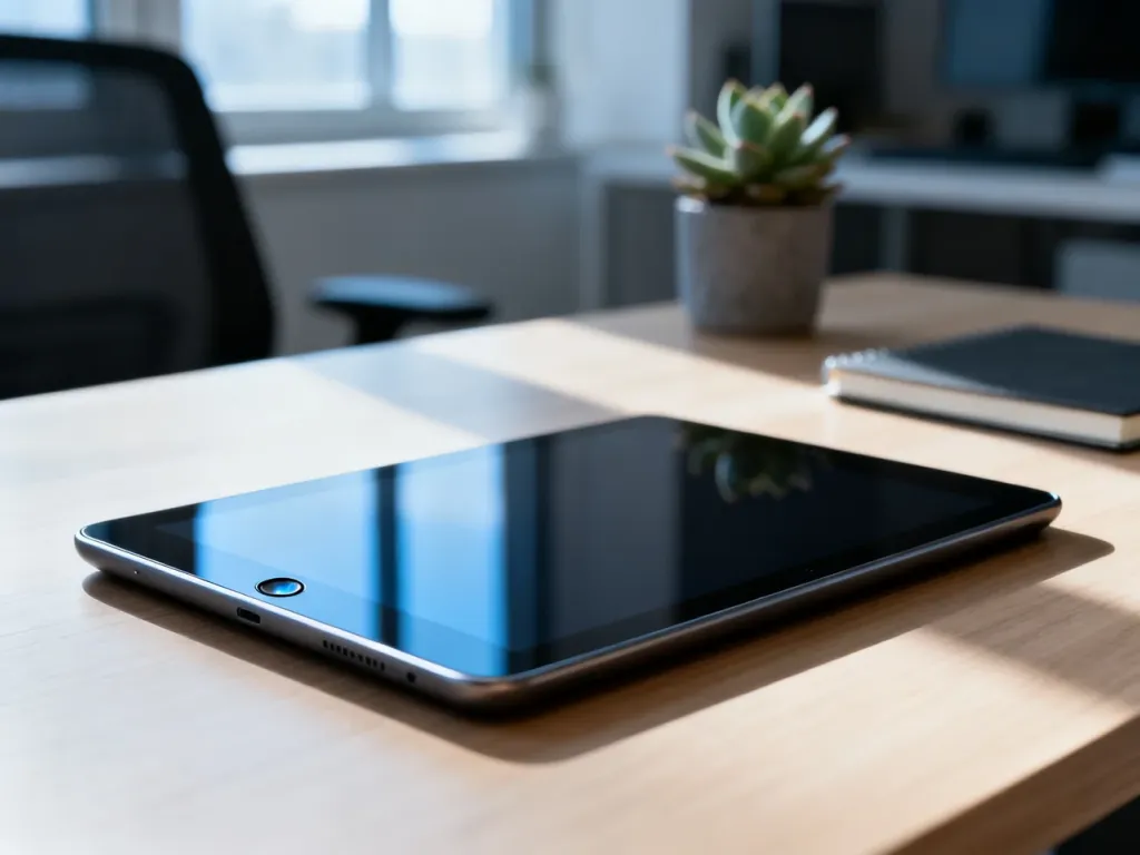 Nowoczesny tablet Oppo Pad mini leżący na minimalistycznym drewnianym biurku w domowym biurze.