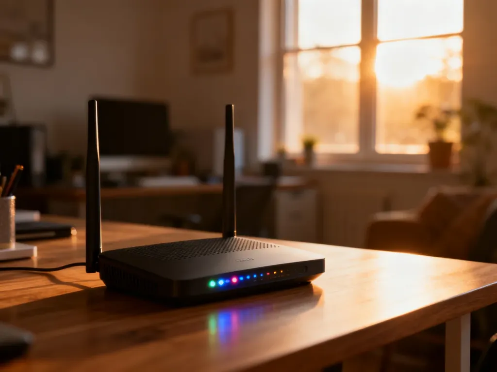 Nowoczesny router Wi-Fi na drewnianym biurku z widocznymi diodami sygnalizującymi aktywne połączenie z siecią.
