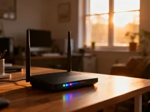 Nowoczesny monitor z kolorową tapetą na drewnianym biurku w domowym biurze. Wyraźny ekran prezentujący głębię barw i kontrast.