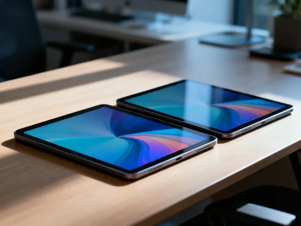 Dwa tablety Mi Pad 5 i Mi Pad 5 Pro leżące obok siebie na drewnianym biurku, prezentujące nowoczesny design urządzeń.