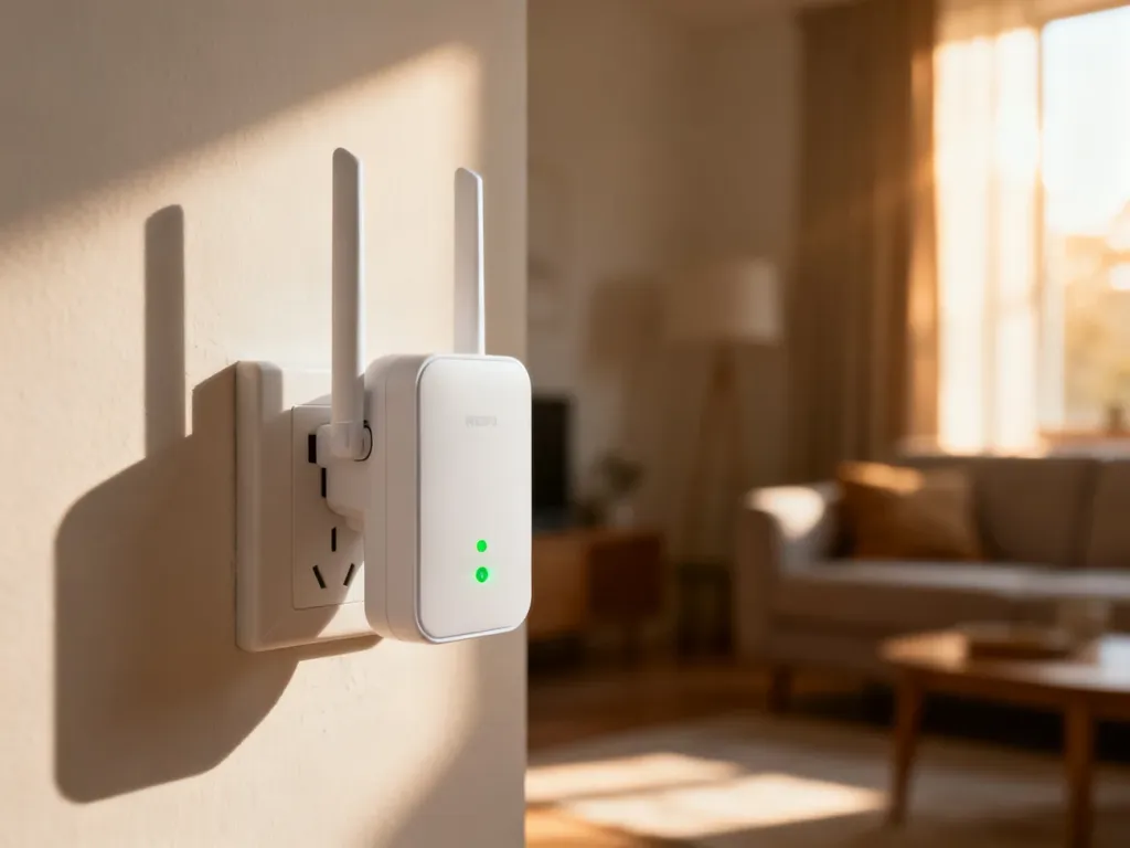 Biały wzmacniacz sygnału Wi-Fi TP-Link wpięty do gniazdka elektrycznego z aktywnymi zielonymi diodami sygnalizacyjnymi.