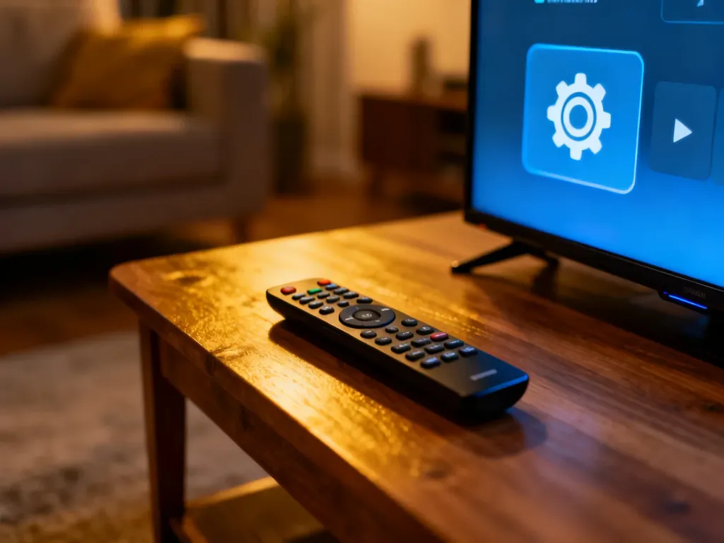 Pilot do telewizora leżący na drewnianym stoliku obok ekranu z widocznym menu ustawień.