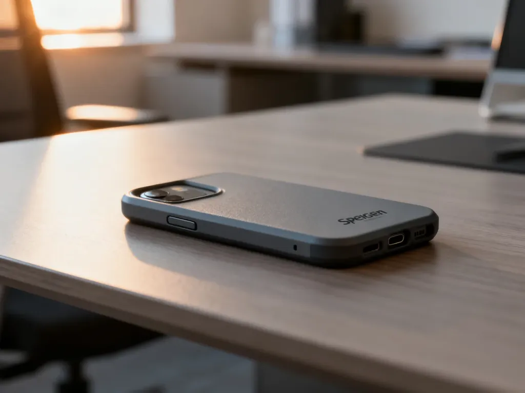 Eleganckie etui Spigen leżące na minimalistycznym drewnianym biurku w świetle poranka.