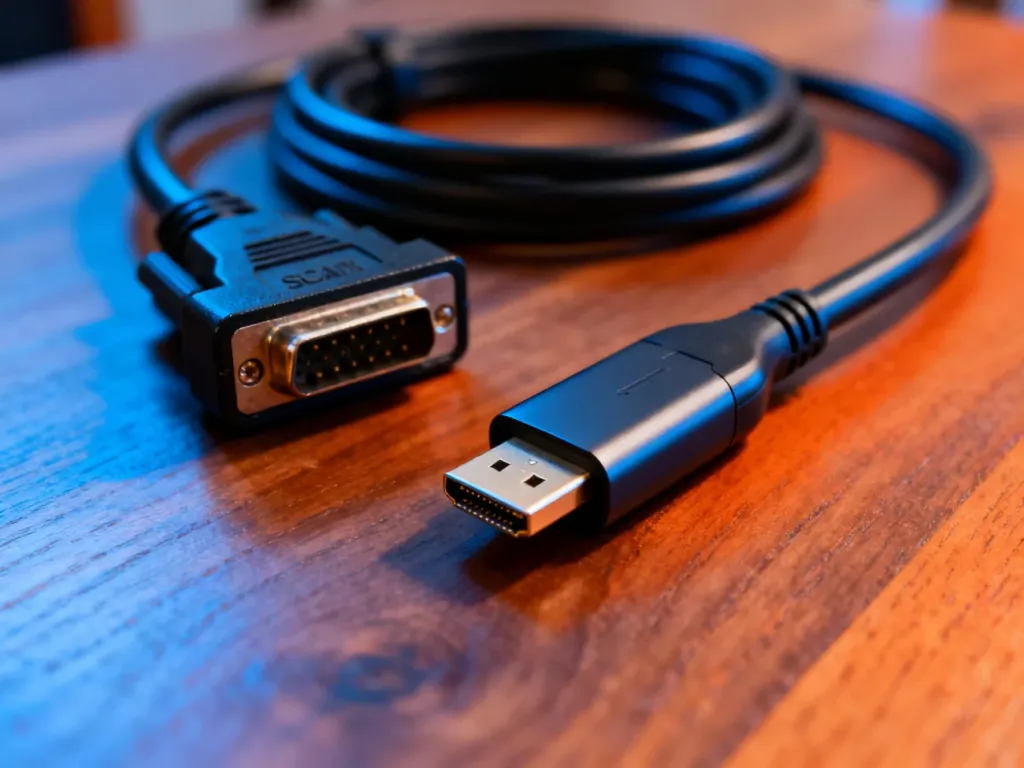 Porównanie starego kabla SCART i nowoczesnego przewodu HDMI leżących na drewnianym stole.