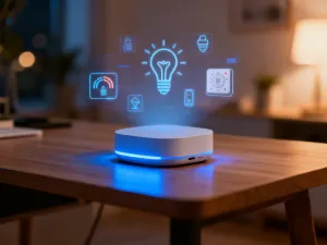 Nowoczesny telewizor z kolorowym interfejsem aplikacji oraz pilotem na stoliku w przytulnym salonie.