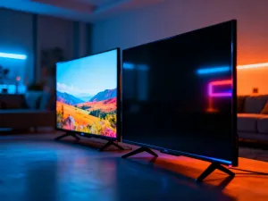 Nowoczesny hub smart home na drewnianym stole, emitujący niebieskie światło symbolizujące lokalną łączność.