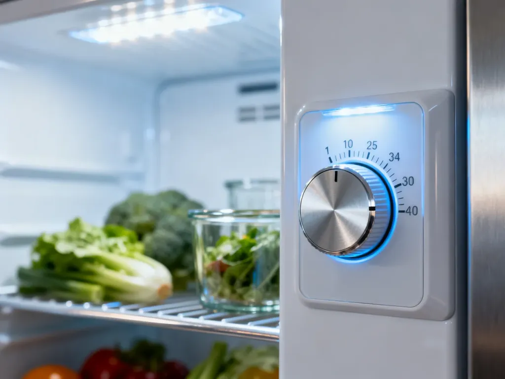 Pokrętło temperatury wewnątrz lodówki ustawione na optymalną wartość, z widocznymi w tle uporządkowanymi produktami.