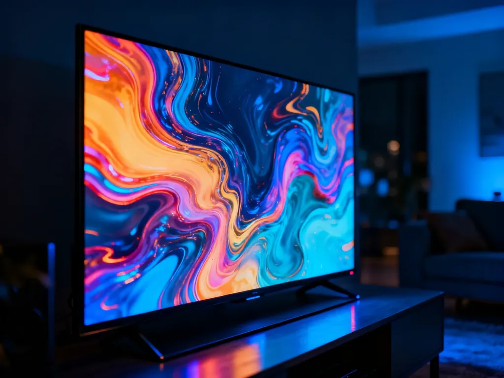 Nowoczesny telewizor smart z kolorową grafiką na ekranie w przytulnym, wieczornym salonie.