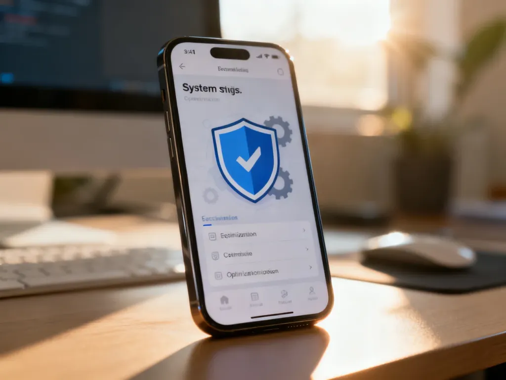 Ekran smartfona z ikoną tarczy symbolizującą bezpieczeństwo i optymalizację systemu w aplikacji Menedżer telefonu.