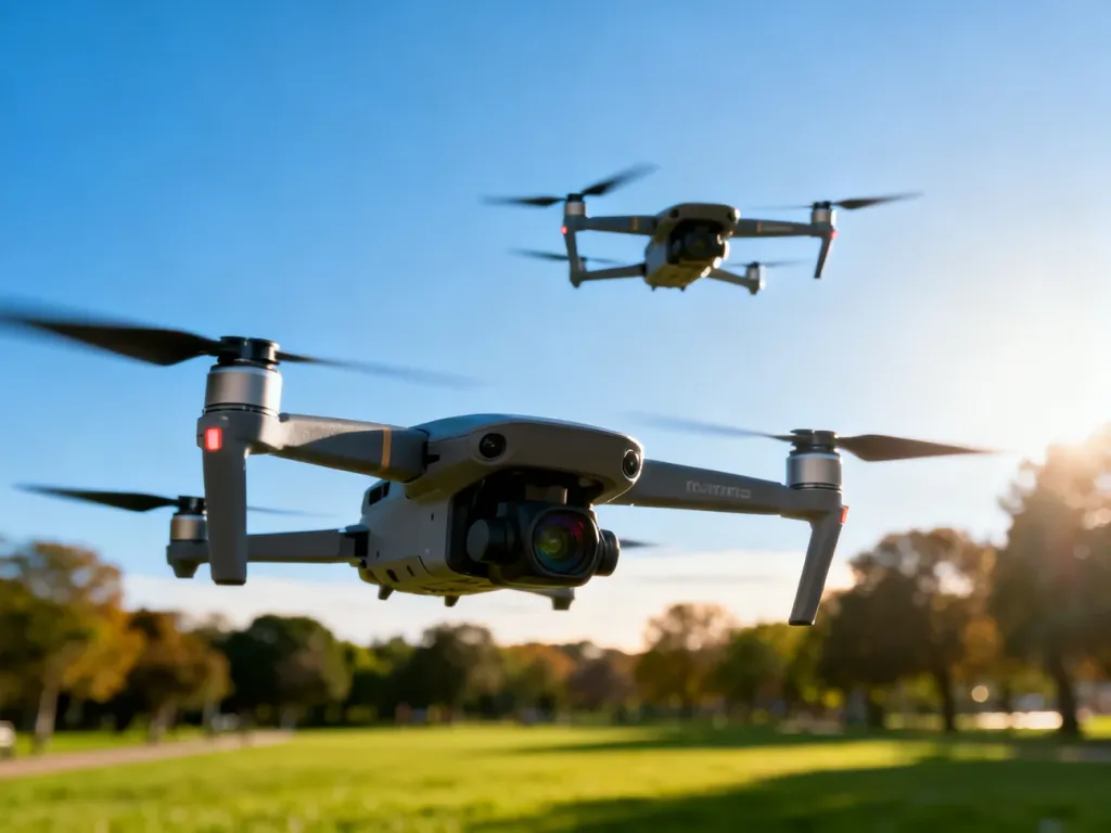 Nowoczesny dron unoszący się nad zielonym parkiem w słoneczny dzień, ilustrujący zasady bezpiecznego latania.