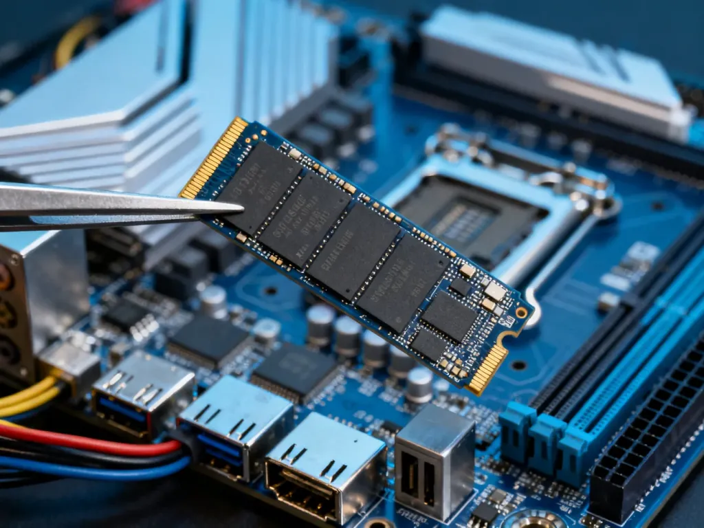 Nowoczesny dysk SSD M.2 PCIe trzymany w pęsecie na tle płyty głównej, podkreślający różnice w technologii zapisu danych.